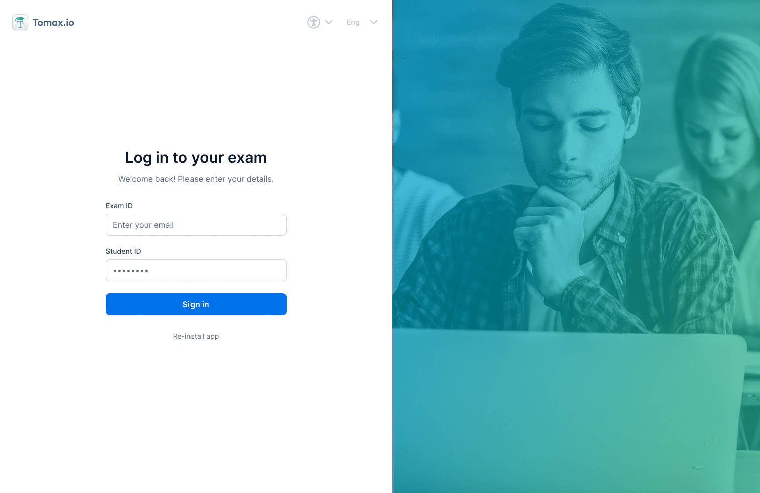 Vix candidate login screen with exam ID and student ID fields